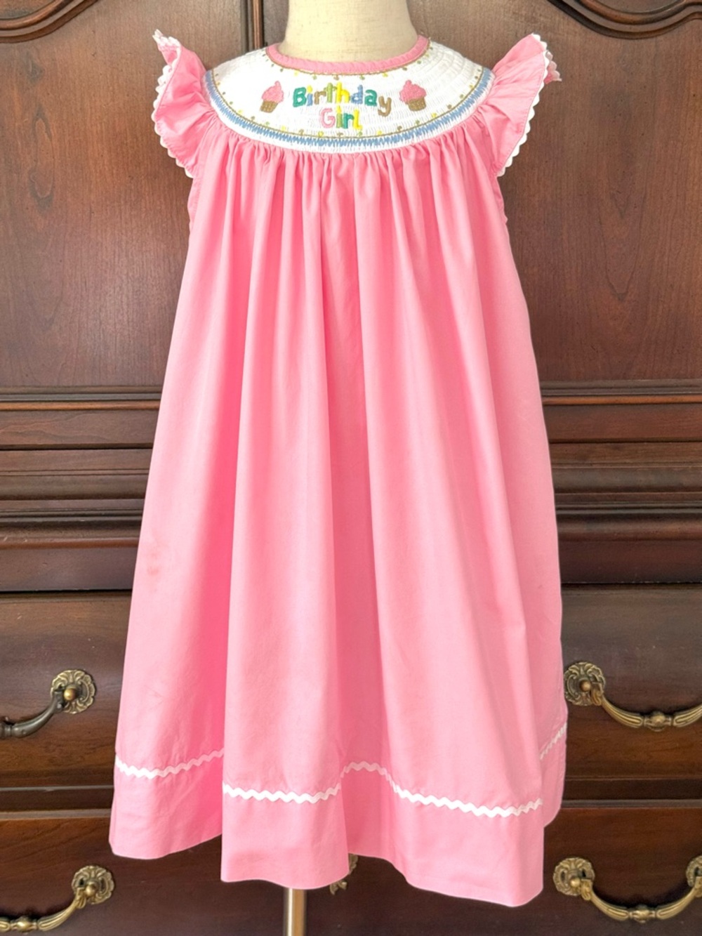 Lil Cactus Girls Pink Smocked Birthday Cupcake Party Dress Size 5Y